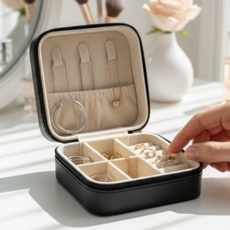 Joyero negro compacto – organizador elegante para accesorios