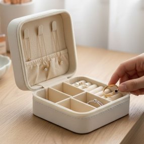 Joyero beige compacto – organizador elegante para accesorios
