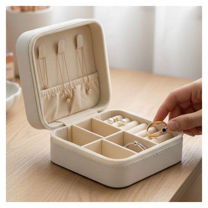 Joyero beige compacto – organizador elegante para accesorios