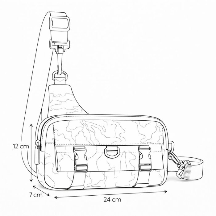 Bandolera gris tipo sling con múltiples compartimentos