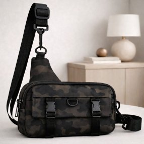 Bandolera cafe tipo sling con múltiples compartimentos