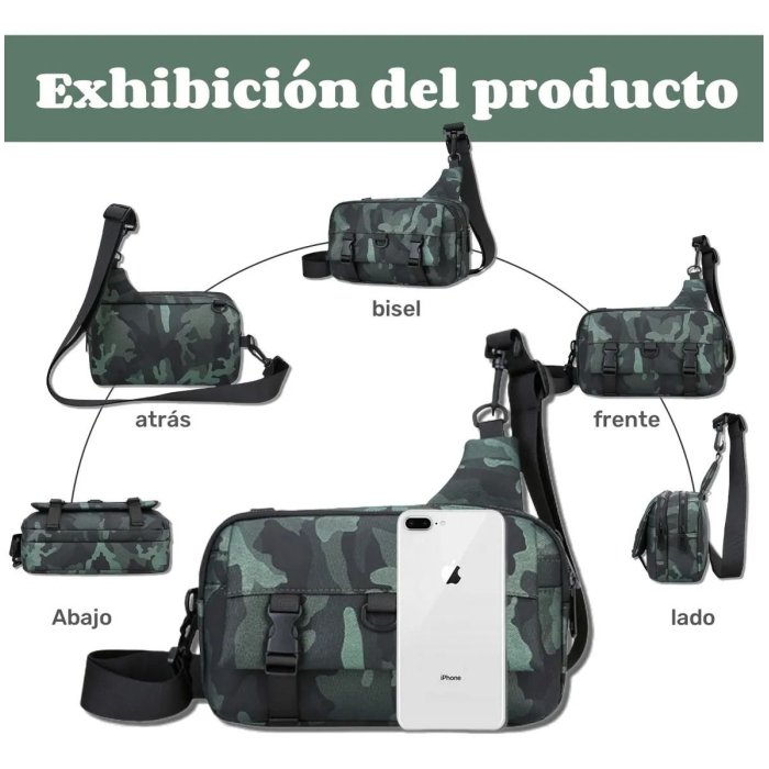 Bandolera cafe tipo sling con múltiples compartimentos