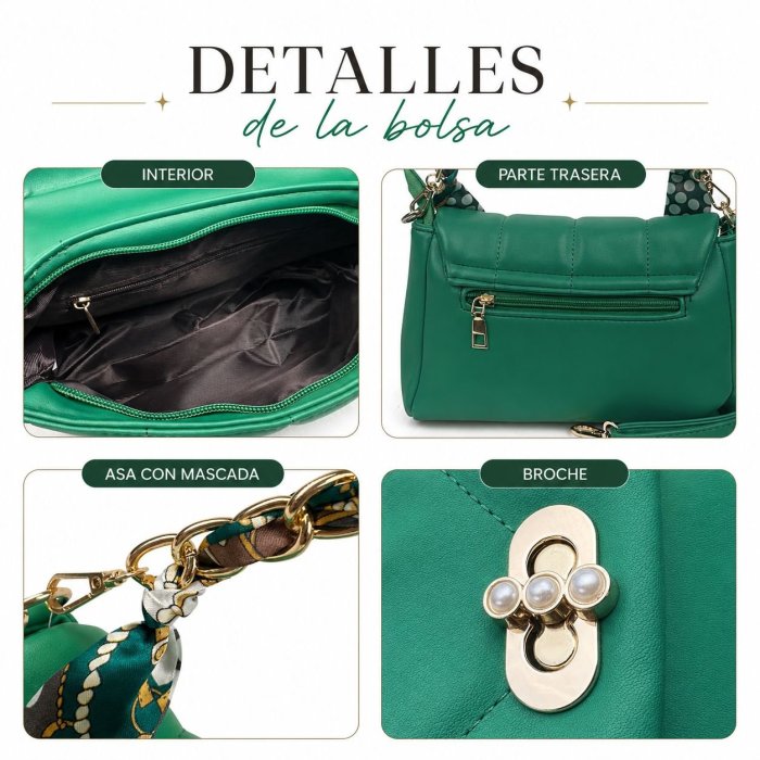 Bolsa crossbody elegante con cadena y mascada
