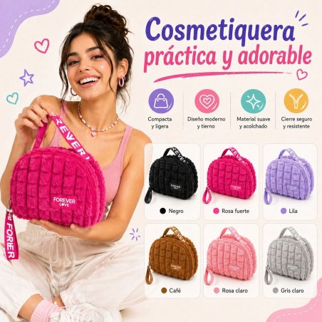Cosmetiquera amplia con diseño suave y práctico