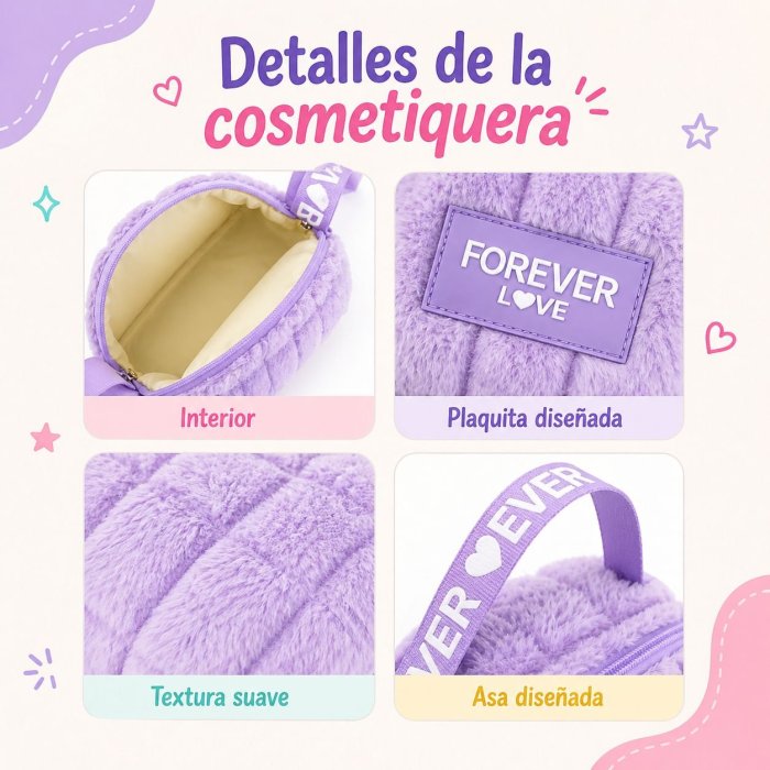 Cosmetiquera amplia con diseño suave y práctico