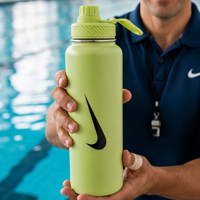 Botella térmica de diseño moderno con tapa segura y asa, ideal para us