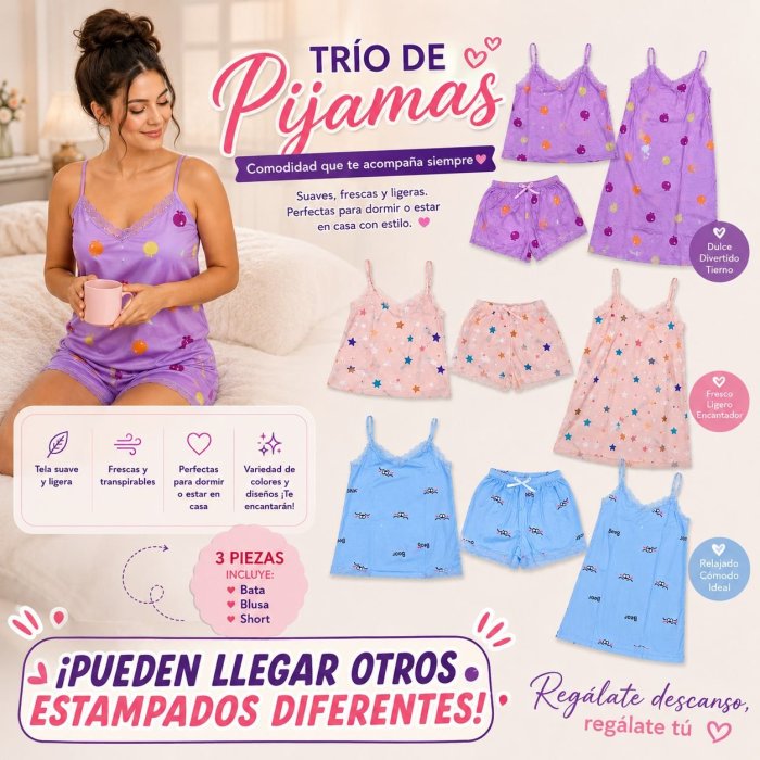 Pijama 3 Piezas Con Bata De Tirantes Y Short