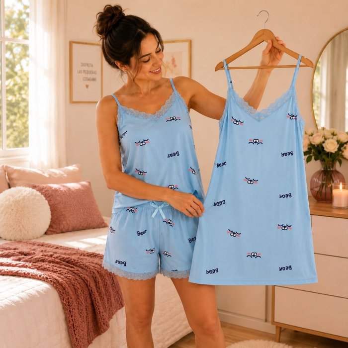 Pijama 3 Piezas Con Bata De Tirantes Y Short