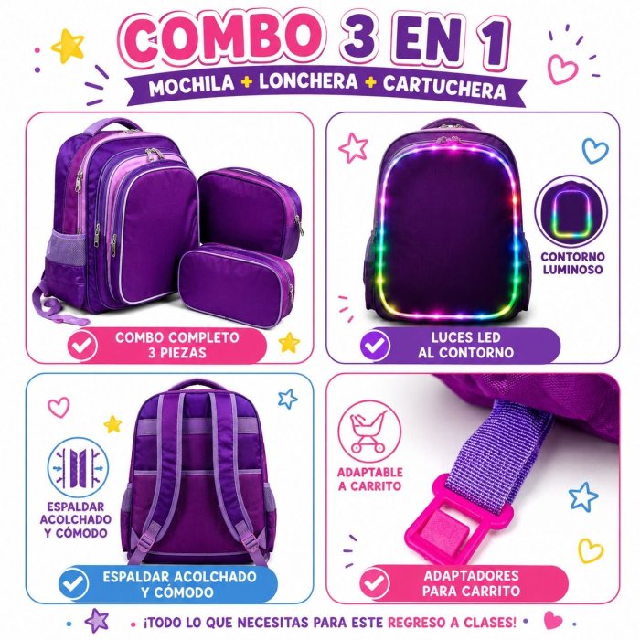 Set Escolar Infantil 3 Piezas Mochila Lonchera y Estuche
