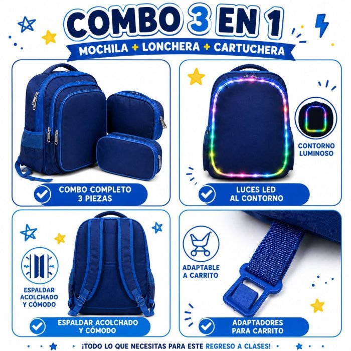 Set Escolar Infantil 3 Piezas Mochila Lonchera y Estuche