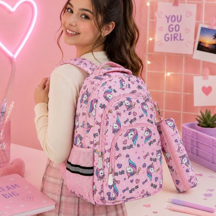 Mochila Escolar Infantil con Cartuchera y Múltiples Compartimentos