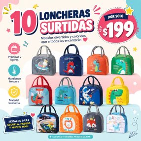 Paquete de 10 Loncheras Infantiles Surtidas con Interior Térmico