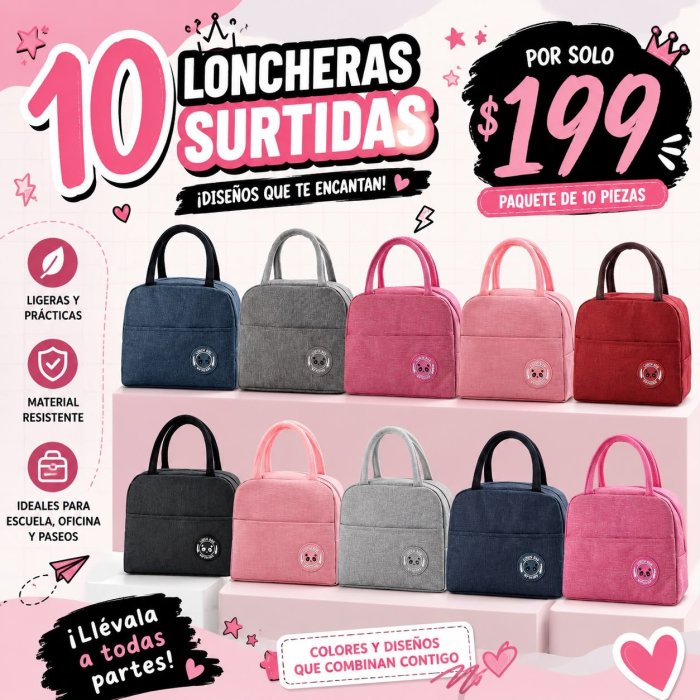 Paquete de 10 Loncheras Térmicas Surtidas con Interior Impermeable