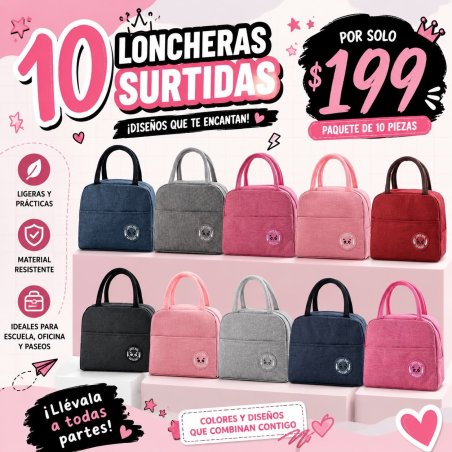 Paquete de 10 Loncheras Térmicas Surtidas con Interior Impermeable
