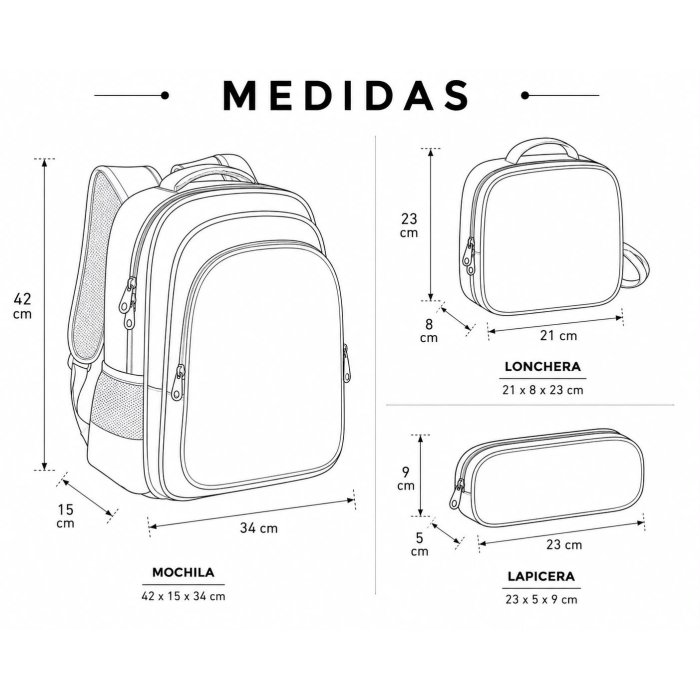 Set Escolar Infantil 3 Piezas con Mochila, Lonchera y Cartuchera