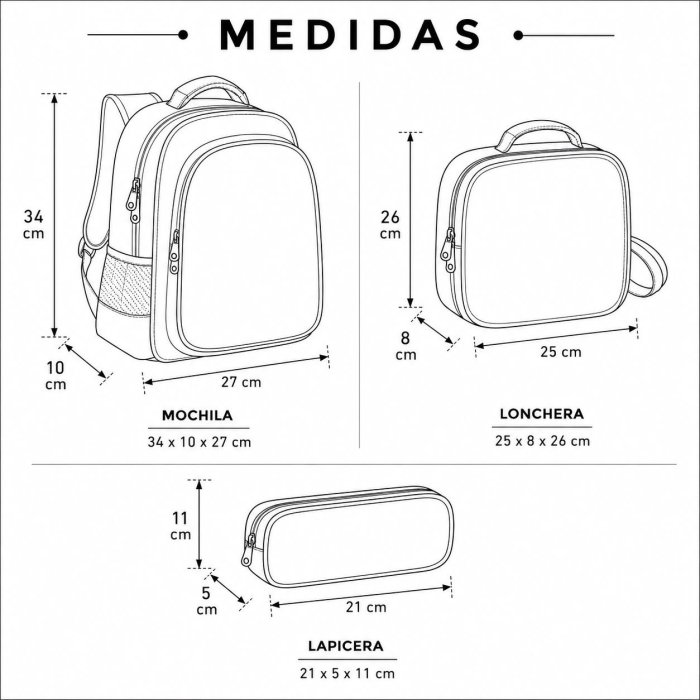 Set Escolar Infantil 3 Piezas con Mochila, Lonchera y Cartuchera