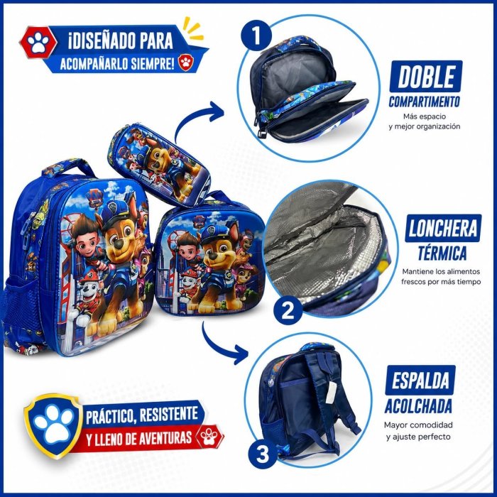Set Escolar Infantil 3 Piezas para Kínder con Mochila, Lonchera y Cart