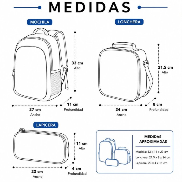 Set Escolar Infantil 3 Piezas para Kínder con Mochila, Lonchera y Cart