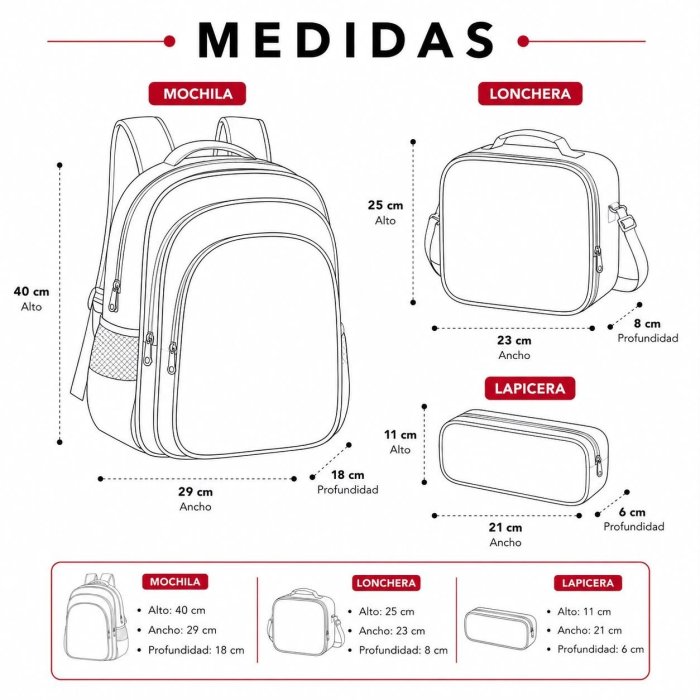 Set Escolar Infantil 3 Piezas con Mochila, Lonchera y Cartuchera