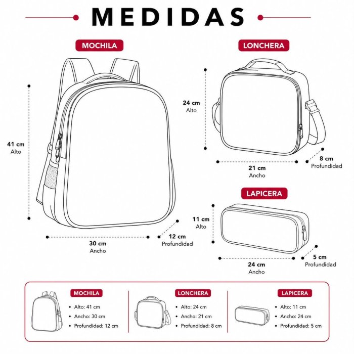Set Escolar Infantil 3 Piezas con Mochila, Lonchera y Cartuchera