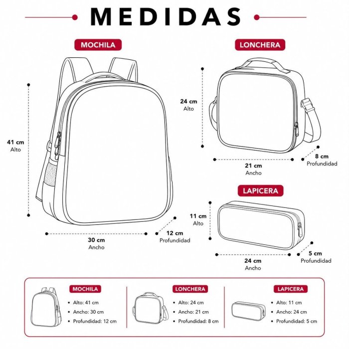 Set Escolar Infantil 3 Piezas con Mochila, Lonchera y Cartuchera
