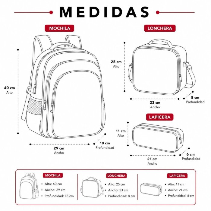 Set Escolar Infantil 3 Piezas con Mochila, Lonchera y Cartuchera