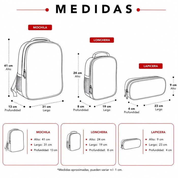 Set Escolar Infantil de Lona 3 Piezas con Mochila, Lonchera y Cartuche