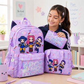 Set Escolar Infantil 3 Piezas con Personajes del Momento y Lonchera Té