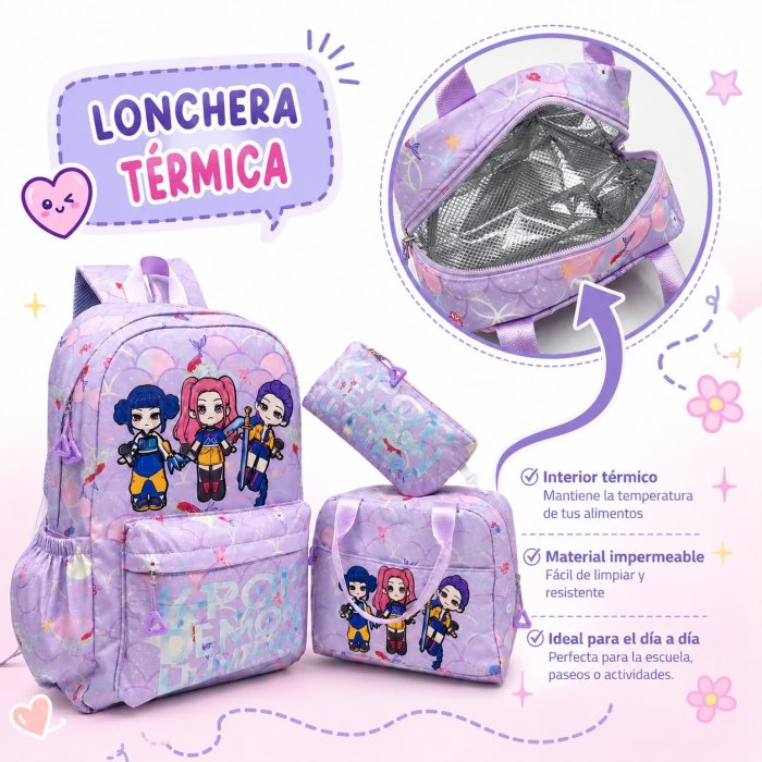Set Escolar Infantil 3 Piezas con Personajes del Momento y Lonchera Té
