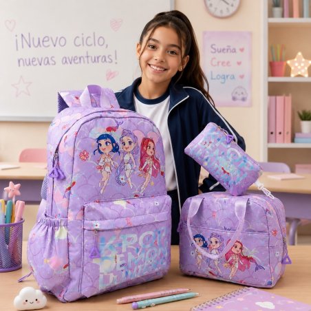 Set Escolar Infantil 3 Piezas con Personajes del Momento y Lonchera Té