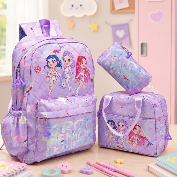 Set Escolar Infantil 3 Piezas con Personajes del Momento y Lonchera Té