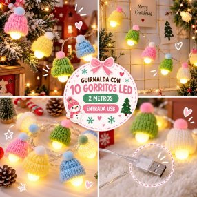Guirnalda Navideña 10 Gorritos LED USB de 2 Metros
