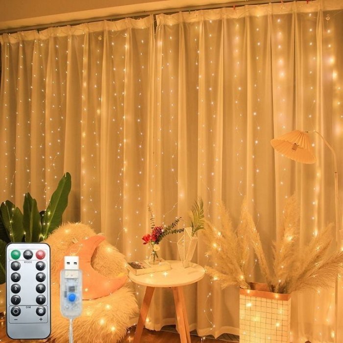 Cortina de Luz LED 3x3 m USB con Control Remoto y 8 Funciones