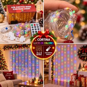 Cortina de Luz LED 3x3 m USB con Control Remoto y 8 Funciones