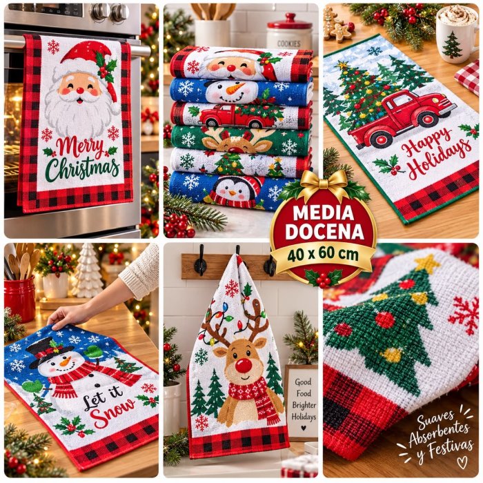 Media Docena Toallas Navideñas 40x60 cm – 6 Piezas Surtidas