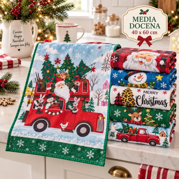 Media Docena Toallas Navideñas 40x60 cm – 6 Piezas Surtidas