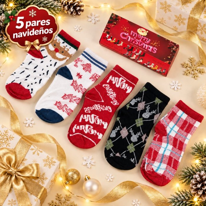 Caja con 5 Pares de Calcetines Navideños Juveniles – Diseños Surtidos