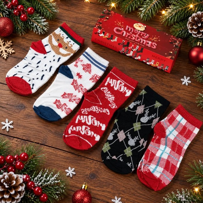 Caja con 5 Pares de Calcetines Navideños Juveniles – Diseños Surtidos