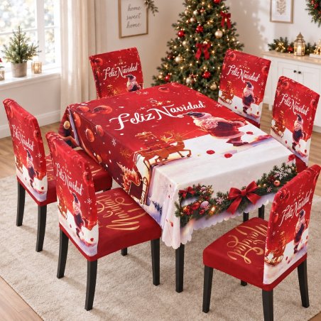 Juego Navideño Mantel 150x250 cm + 6 Fundas para Silla