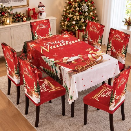 Juego Navideño Mantel 150x250 cm + 6 Fundas para Silla