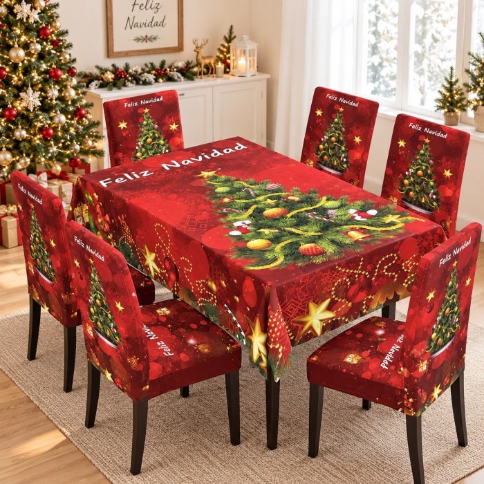 Juego Navideño Mantel 150x250 cm + 6 Fundas para Silla