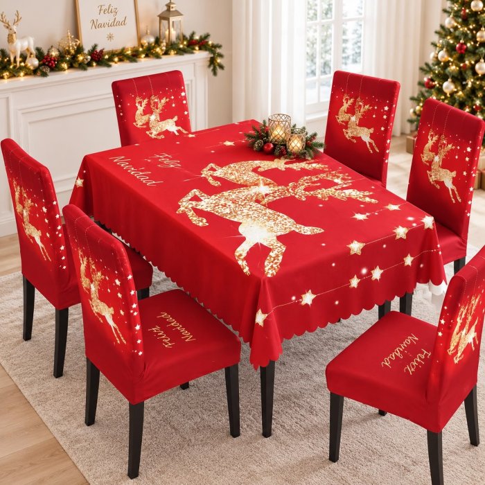 Juego Navideño Mantel 150x250 cm + 6 Fundas para Silla