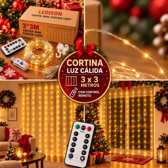Cortina de Luz LED 3x3 m USB con Control Remoto y 8 Funciones