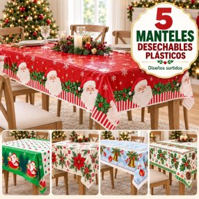 Paquete de 5 manteles plásticos navideños desechables – Diseños varia