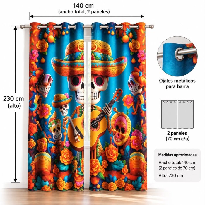Set 2 Cortinas Día de Muertos 140x230 cm 100% Poliéster