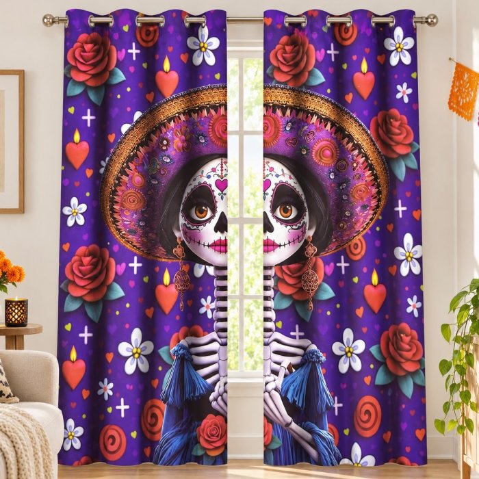 Set 2 Cortinas Día de Muertos 140x230 cm 100% Poliéster