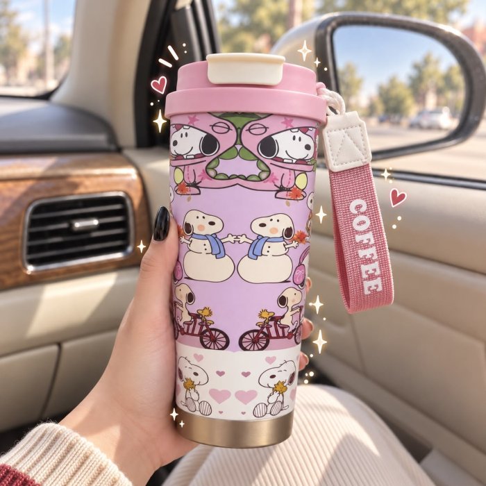Vaso Cafetero Snoopy 500 ml con Tapa y Correa