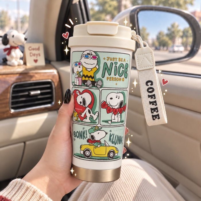Vaso Cafetero Snoopy 500 ml con Tapa y Correa