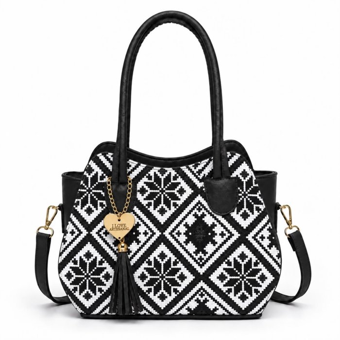 Bolsa Dama Artesanal Geométrica con Borla 32x14x24.5 cm