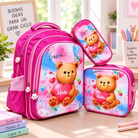 Set Escolar Infantil 3 Piezas con Mochila, Lonchera y Cartuchera